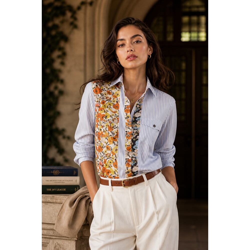 Tory Burch Patchwork Printed Shirt In Ivory Blossom Ditsy Size 8 Medium $278